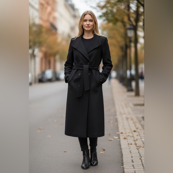 Mango size Medium Woolen Italian Wool Double-Breasted Belted Trench Coat Black - Picture 2 of 13